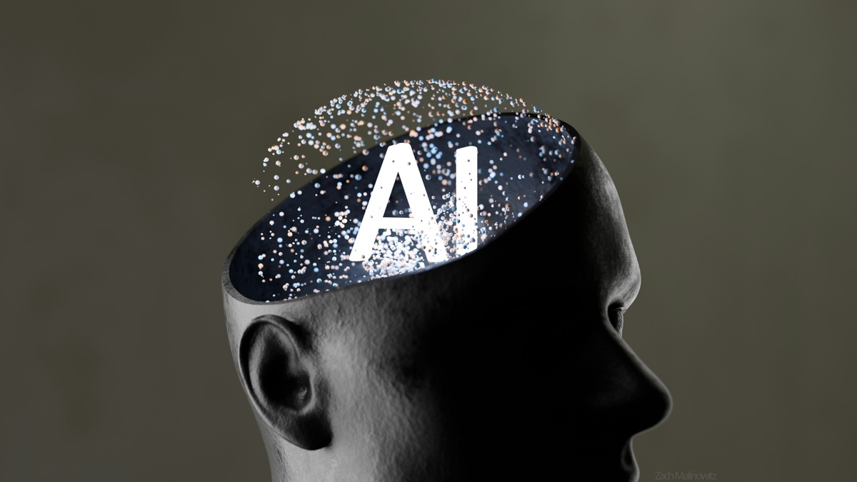 Human head silhouette with 'AI' text in the brain, symbolising the interplay between human and artificial intelligence