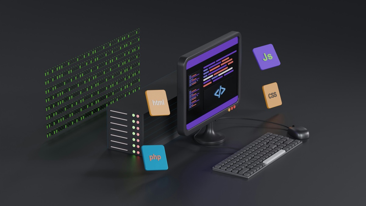 3D isometric illustration of a monitor showing code with floating JS, CSS, HTML, and PHP badges