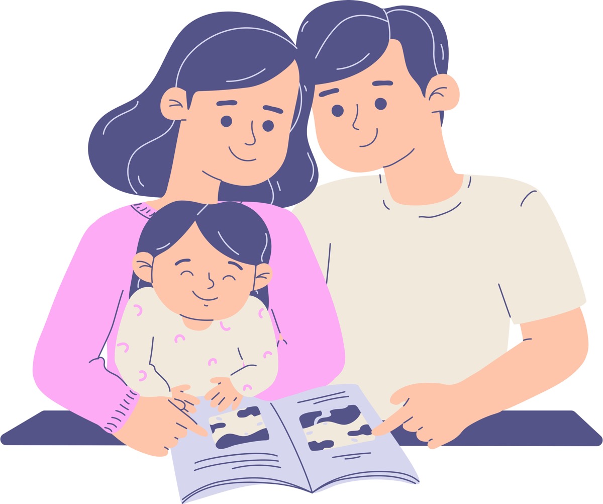 Illustrated family with parents and child reading a book together at a table